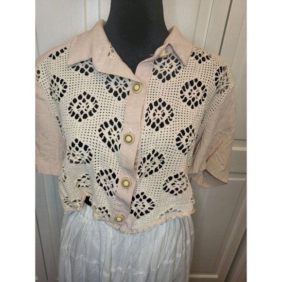 Periwinkle by Barlow Tops - Vtg 90's Pink White Gingham Crochet Cropped Button Up 16 Cottage Fairy Coquette